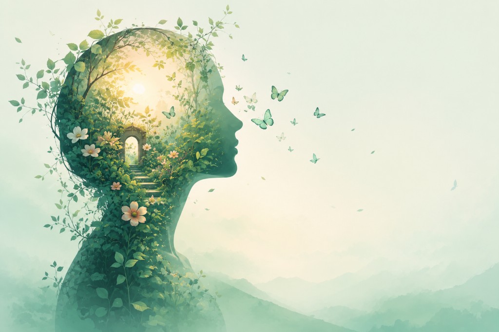 Illustration of a woman in profile with a flourishing garden and butterflies within, symbolising inner peace and mental wellbeing